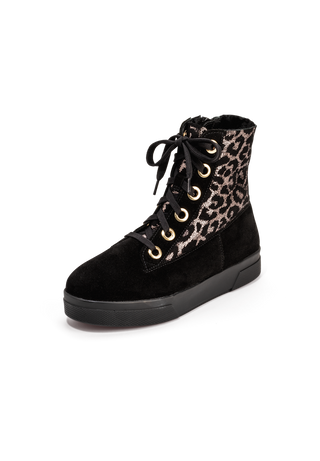 wärmender Bootie Lammfell schwarz-leopard