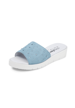 originelle Pantolette Samtziegenleder hellblau