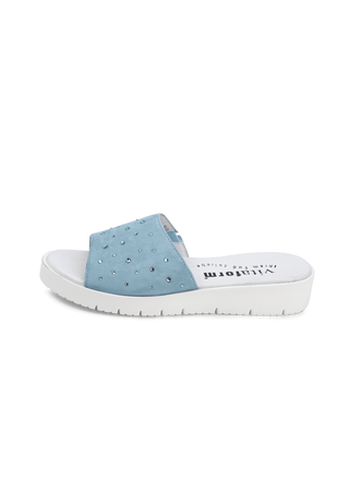 originelle Pantolette Samtziegenleder hellblau