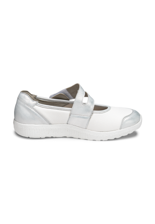 charmanter Mary-Jane Leder/Stretch weiß/silber