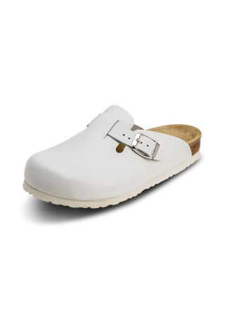 Weiße Clogs aus Vollrindleder mit Dornschließe.