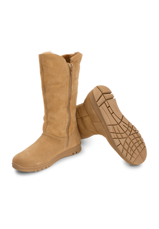 kuschelig-warmer Lammfellstiefel Veloursleder camel