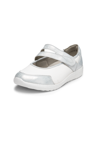 charmanter Mary-Jane Leder/Stretch weiß/silber