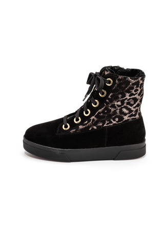 wärmender Bootie Lammfell schwarz-leopard