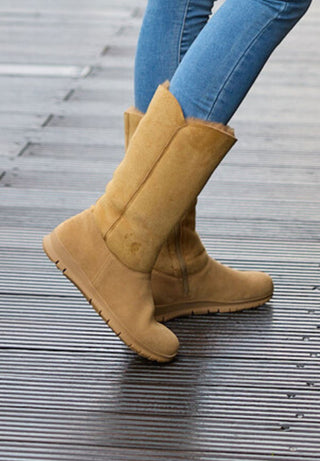 kuschelig-warmer Lammfellstiefel Veloursleder camel