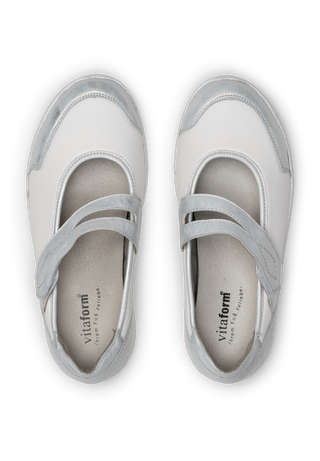 charmanter Mary-Jane Leder/Stretch weiß/silber